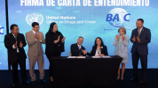 From left to right: Raúl Villalobos, president of BASC Panama; Oscar Sánchez, chairman of the WBO Board of Directors; Soraya Valdivieso, director general of the National Customs Authority of Panama; Erik Moncayo, international president of WBO; Cristina Iampieri, head of the UNODC Passenger and Cargo Control Program; Giomar González, executive director of BASC Panama; and James L. Collins, deputy commissioner of the CBP Office of International Affairs.
